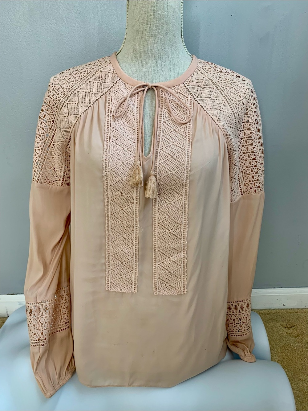 Ramy Brook blush pink silk blouse with tassels